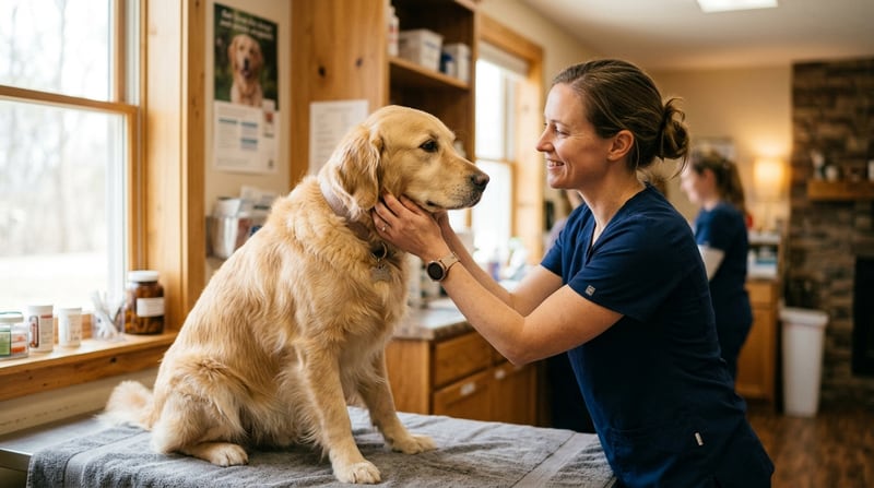 Tierarzt und ruhiger Hund während Untersuchung in warmer Tierklinik — symbolisches Bild für die Hautallergie-Diagnostik