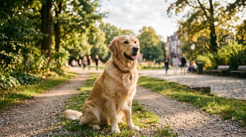 Freundlicher Golden Retriever sitzt auf einem sonnigen Park-Weg, gesunde klare Augen, weiche Nachmittagslicht — Vertrauen in die Barmenia Hundekrankenversicherung