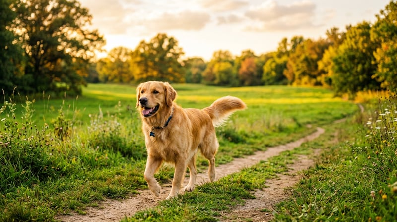 Kräftiger erwachsener Hund mit Lederhalsband im warmen Stalllicht — symbolisches Bild für einen Hund im Hauptalter 2–7 Jahre