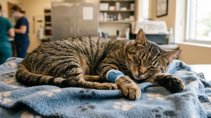 Erwachsene Katze ruht in warmer Tierklinik mit Verband an der Pfote — symbolisches Bild für OP nach Beinverletzung