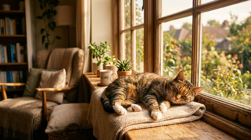 Erwachsene Tabby-Katze ruht im warmen Nachmittagslicht — symbolisches Bild für eine ausgewachsene Hauskatze
